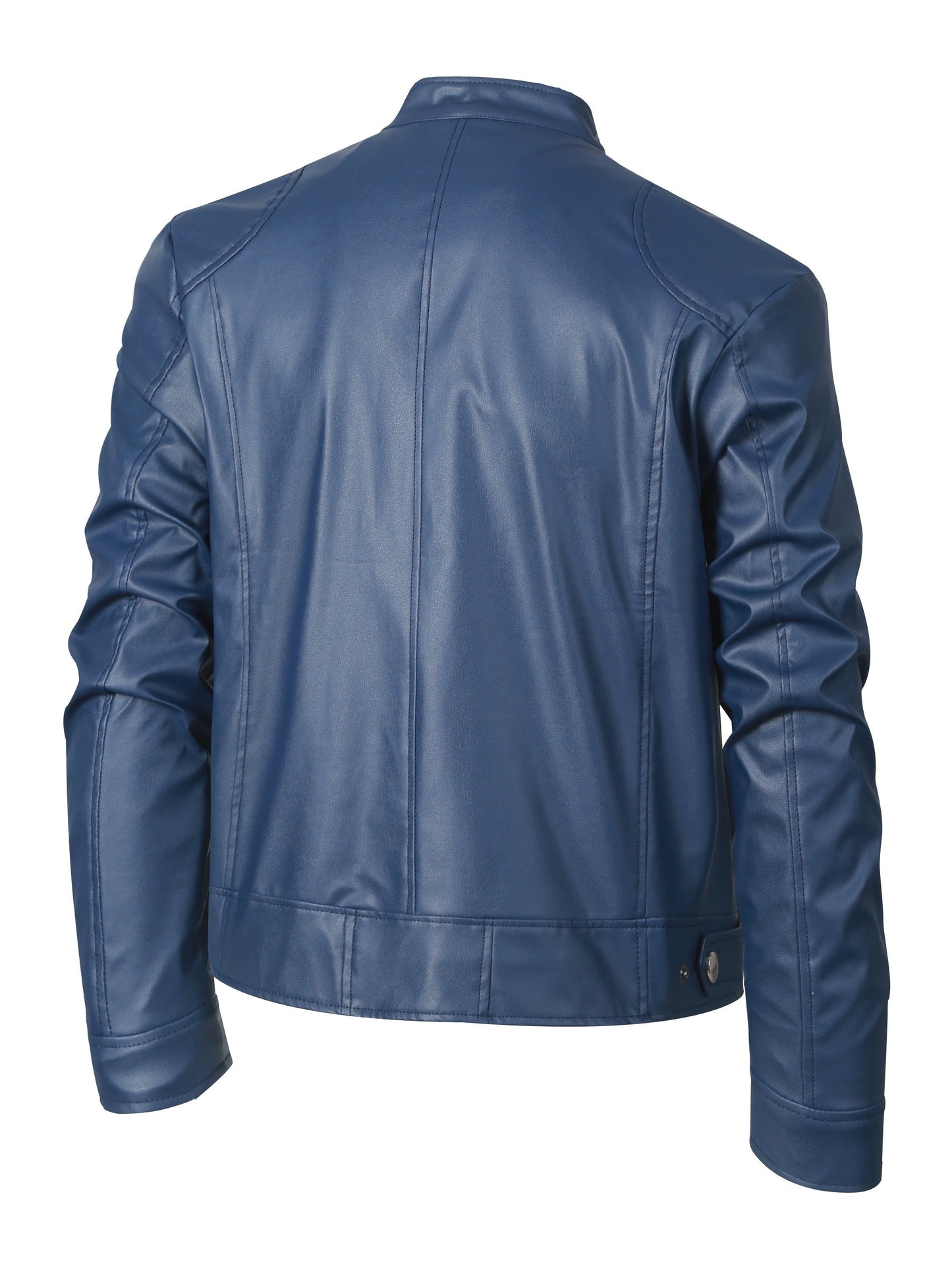 Elegant Navy Blue Leather Jacket for Women with Stand Collar Long Sleeve Zip Pocket Moto Style