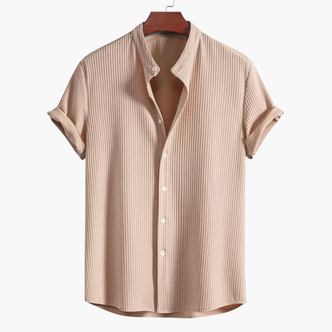 Effortless Textured Button Up Shirt for Women with Banded Collar Short Sleeve Relaxed Casual Style