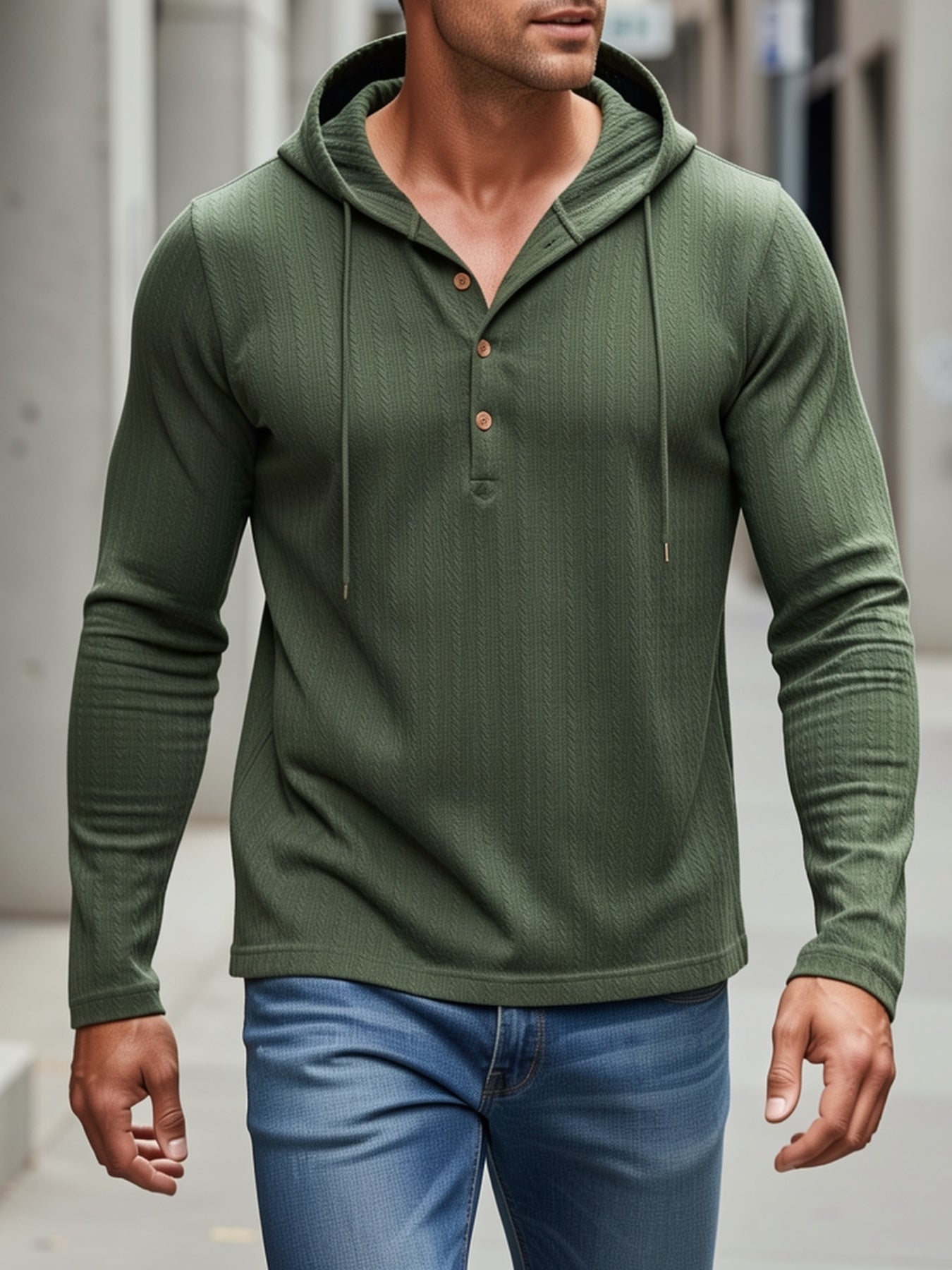 Comfortable Green Cable Knit Sweater for Women with Hooded Long Sleeve Button Placket Relaxed Style
