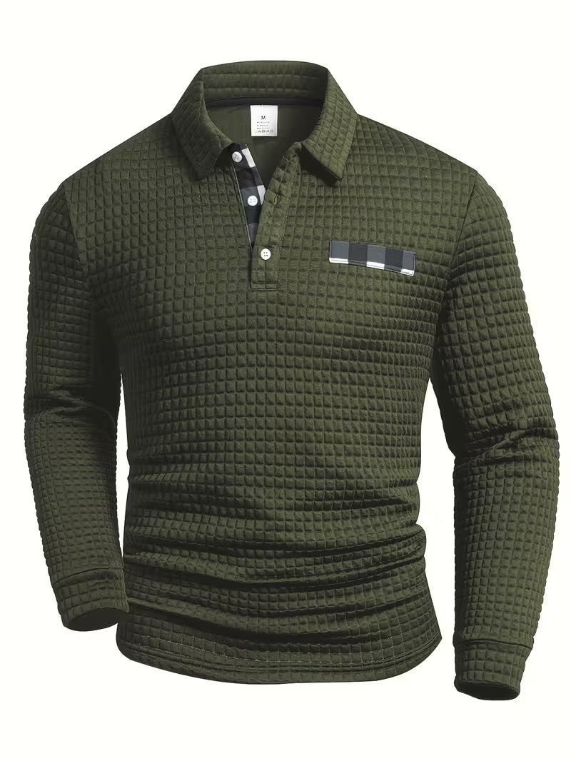 Comfortable Waffle Knit Polo Shirt for Women with Collar Long Sleeve Plaid Trim Button Front Casual Style