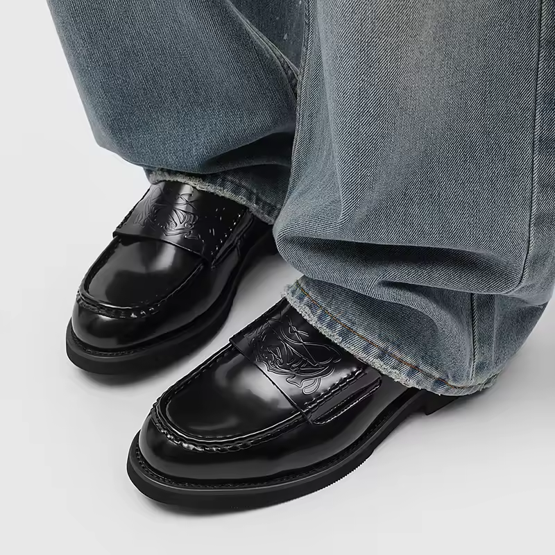 Elegant Black Leather Loafer for Women with Embossed Strap Round Toe Chunky Platform Style