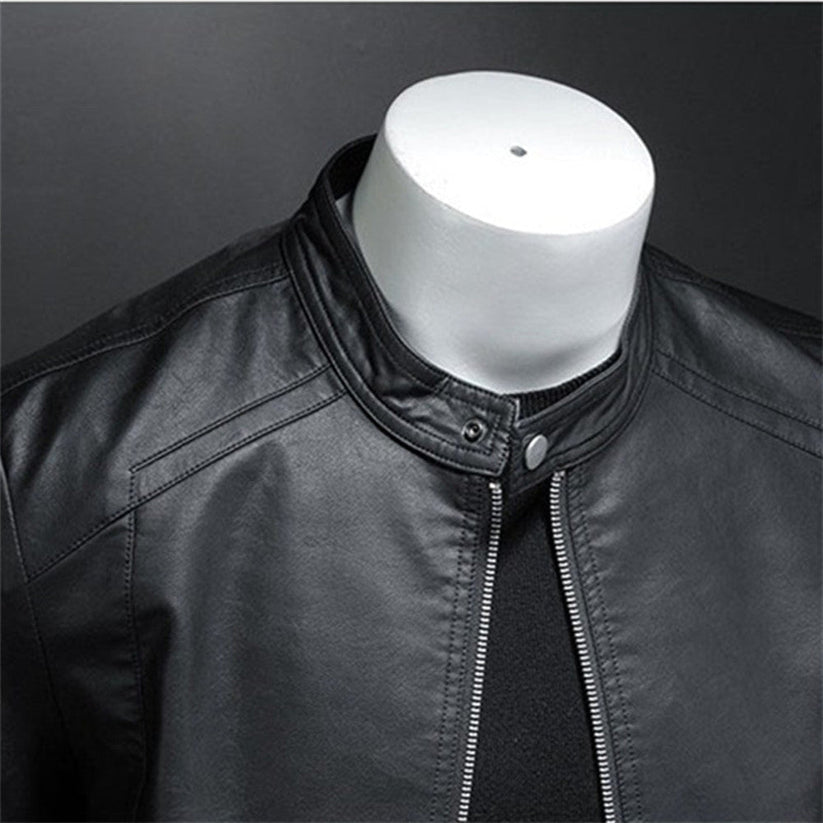 Elegant Black Leather Jacket for Women with Stand Collar Long Sleeve Zip Front Moto Style