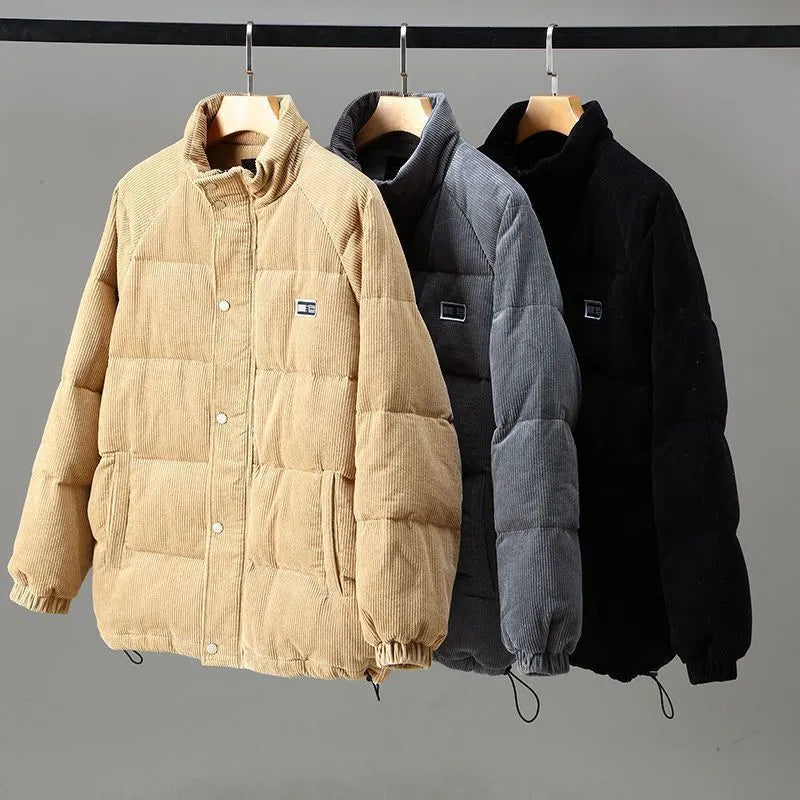 Effortless Corduroy Puffer Jacket for Women with Stand Collar Long Sleeve Snap Button Casual Style