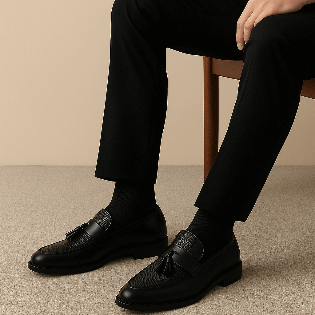 Elegant Black Leather Tassel Loafer for Women with Woven Textured Round Toe Slip On Style