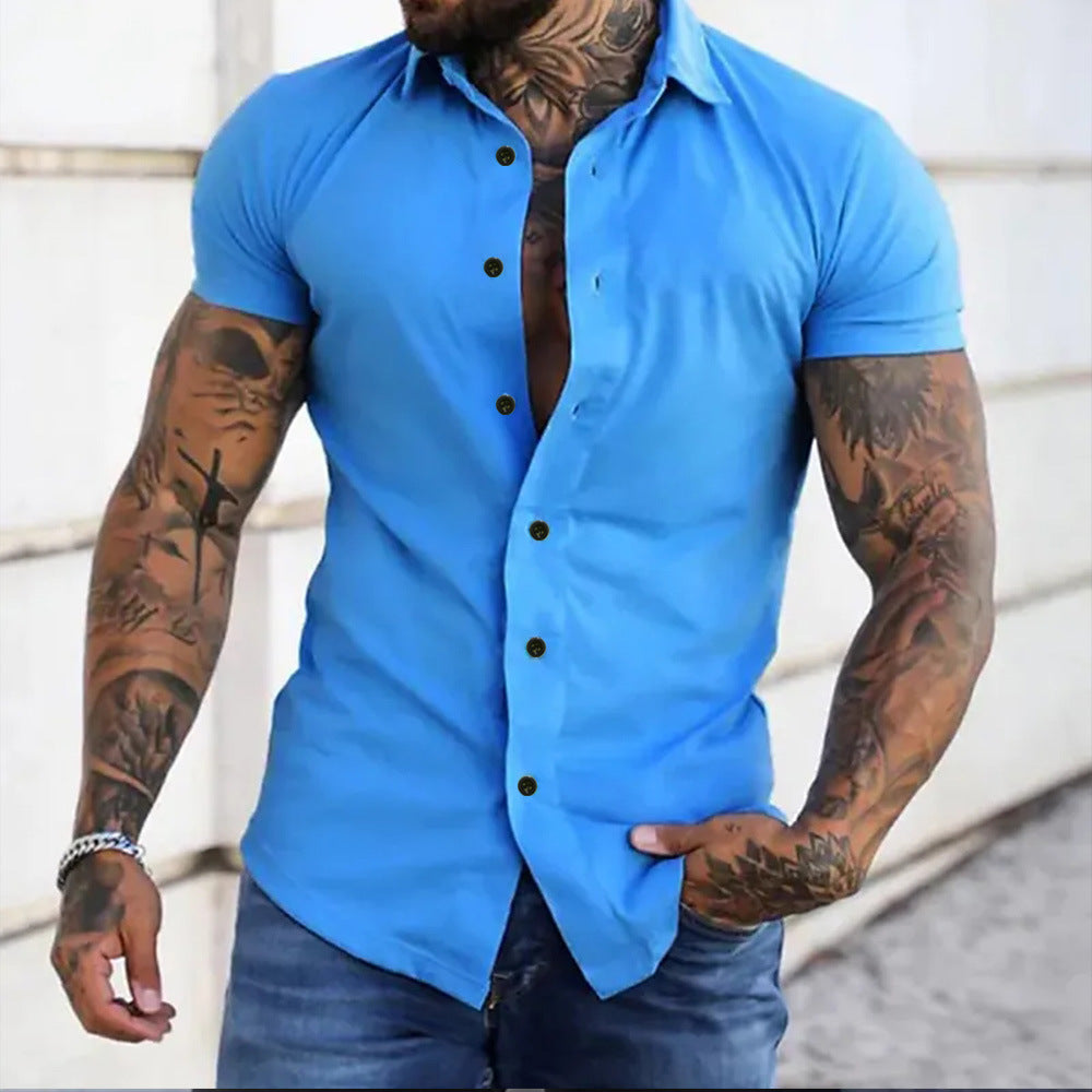 Effortless Stretch Muscle Shirt for Women with Point Collar Short Sleeve Slim Fit Button Front Casual Style