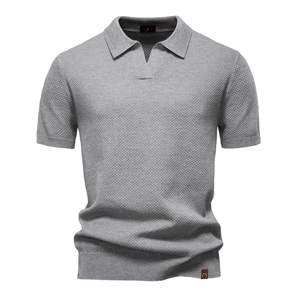 Effortless Textured Knit Polo Sweater for Women with V Neck Short Sleeve Ribbed Cuff Casual Style