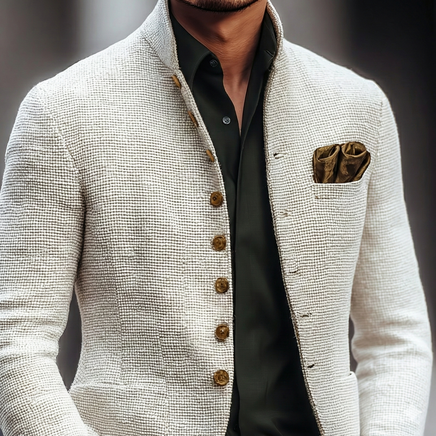 Elegant White Tweed Blazer for Women with Stand Collar Long Sleeve Button Front Tailored Style