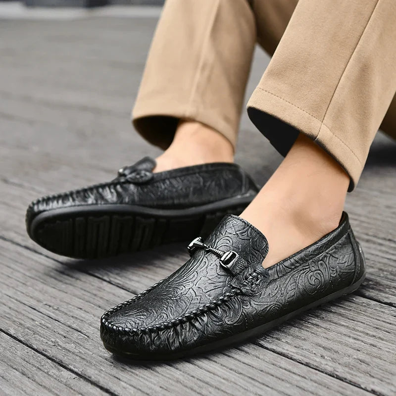 Elegant Embossed Leather Loafer for Women with Horsebit Buckle Moc Toe Stitched Driving Style