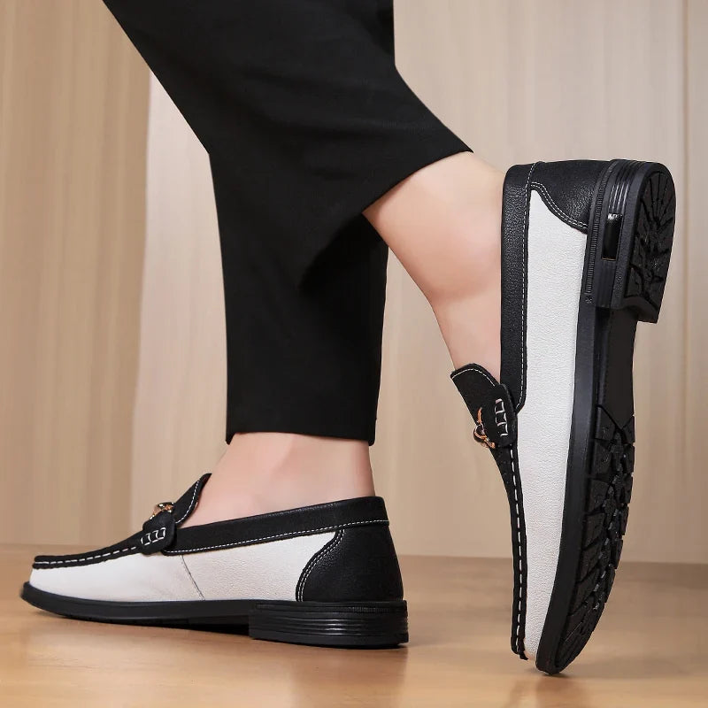 Effortless Perforated Leather Loafer with Horsebit Buckle Color Block Slip On Casual Style