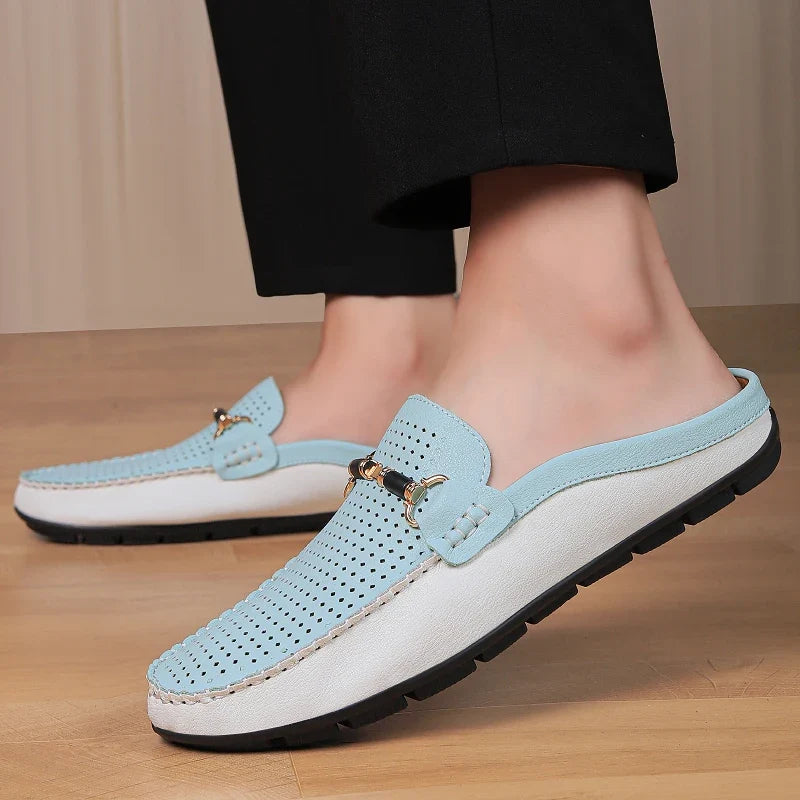 Effortless Perforated Leather Loafer Mule for Women with Horsebit Buckle Slip On Contrast Sole Style