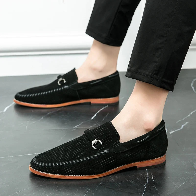 Elegant Perforated Suede Loafer for Women with Whipstitch Trim Metal Bit Slip On Style