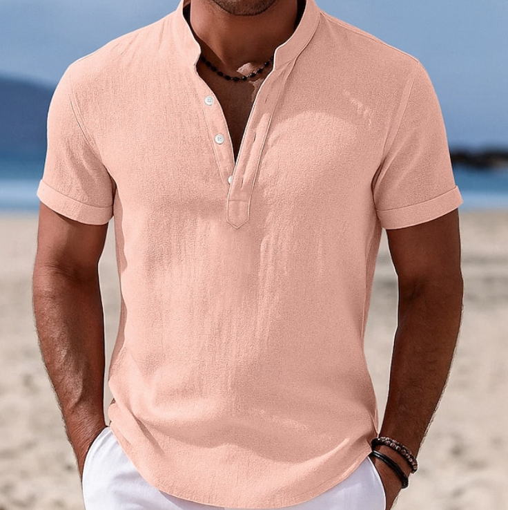 Effortless Linen Shirt for Women with Band Collar Short Sleeve Button Placket Casual Style