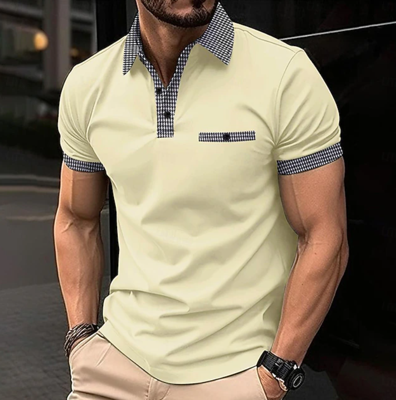 Stylish Houndstooth Trim Polo Shirt for Women with Collar Short Sleeve Button Placket Chest Pocket Casual Style