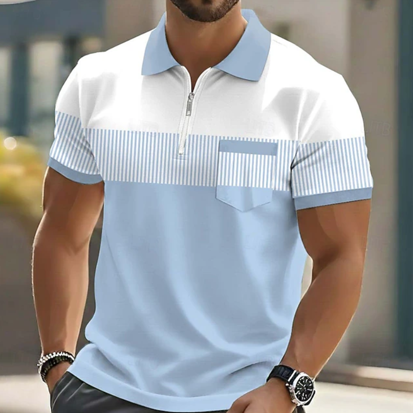 Effortless Striped Colorblock Polo Shirt for Women with Zip Collar Short Sleeve Chest Pocket Casual Style