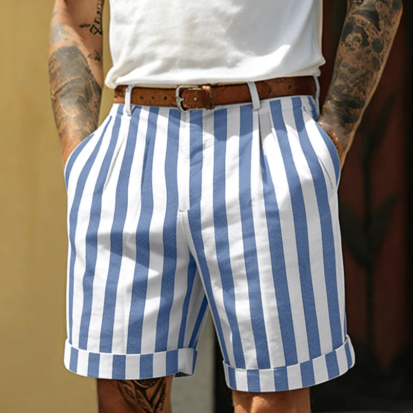 Effortless Striped Bermuda Shorts for Women with High Waist Pleated Cuffed Hem Casual Style