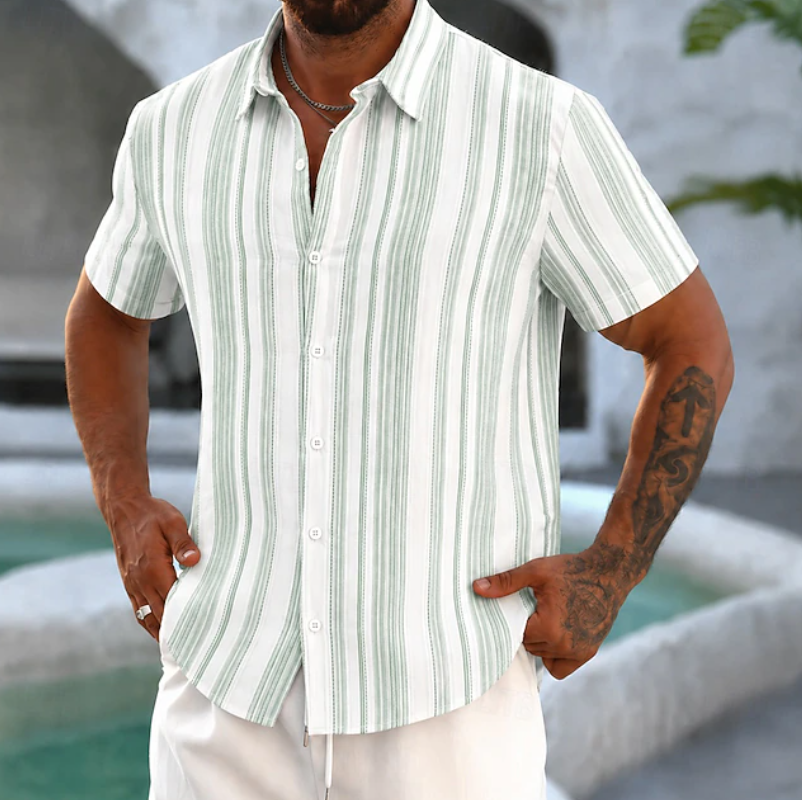 Effortless Striped Linen Shirt for Women with Collared Short Sleeve Button Front Relaxed Style