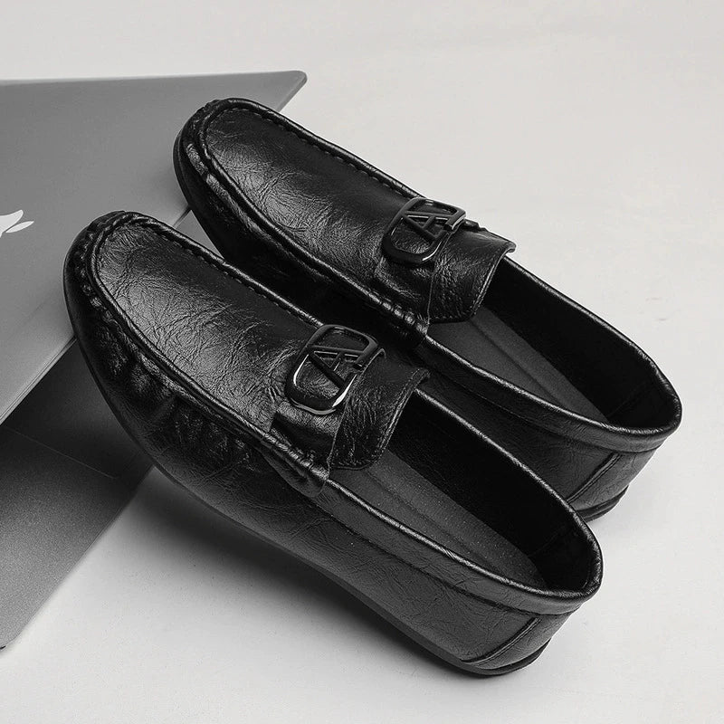 Stylish Leather Loafer for Women with Metal Buckle Moc Toe Slip-On Casual Style