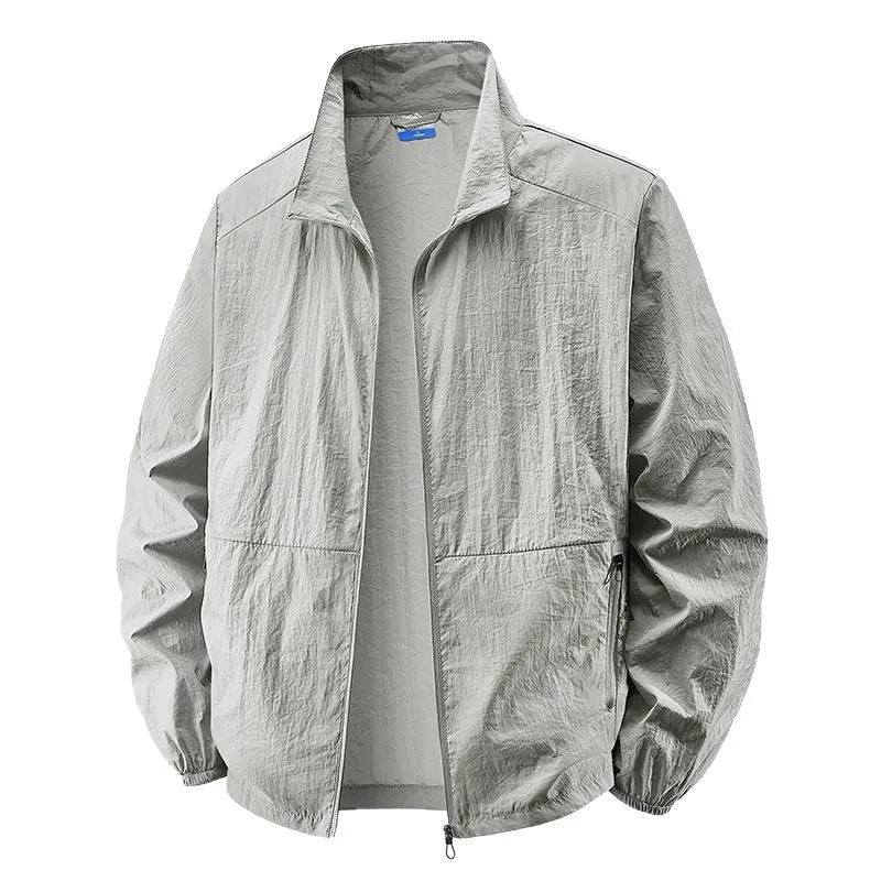 Effortless Crinkled Nylon Windbreaker for Women with Stand Collar Long Sleeve Zip Pocket Relaxed Style