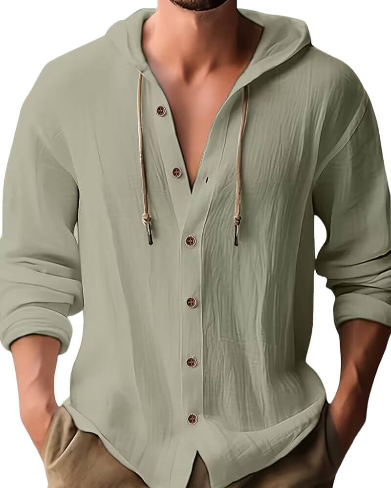 Effortless Linen Hooded Shirt for Women with V Neck Long Sleeve Button Front Relaxed Style