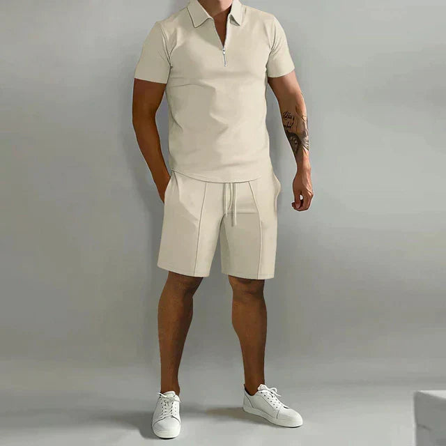 Effortless Polo Two Piece Set for Women with Zip Collar Short Sleeve Drawstring Shorts Casual Style