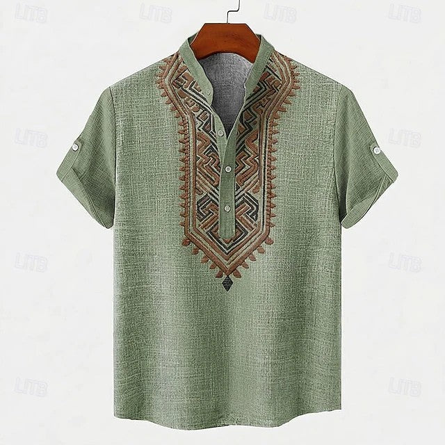 Effortless Tribal Embroidered Linen Henley Shirt for Women with Band Collar Short Sleeve Button Placket Casual Style