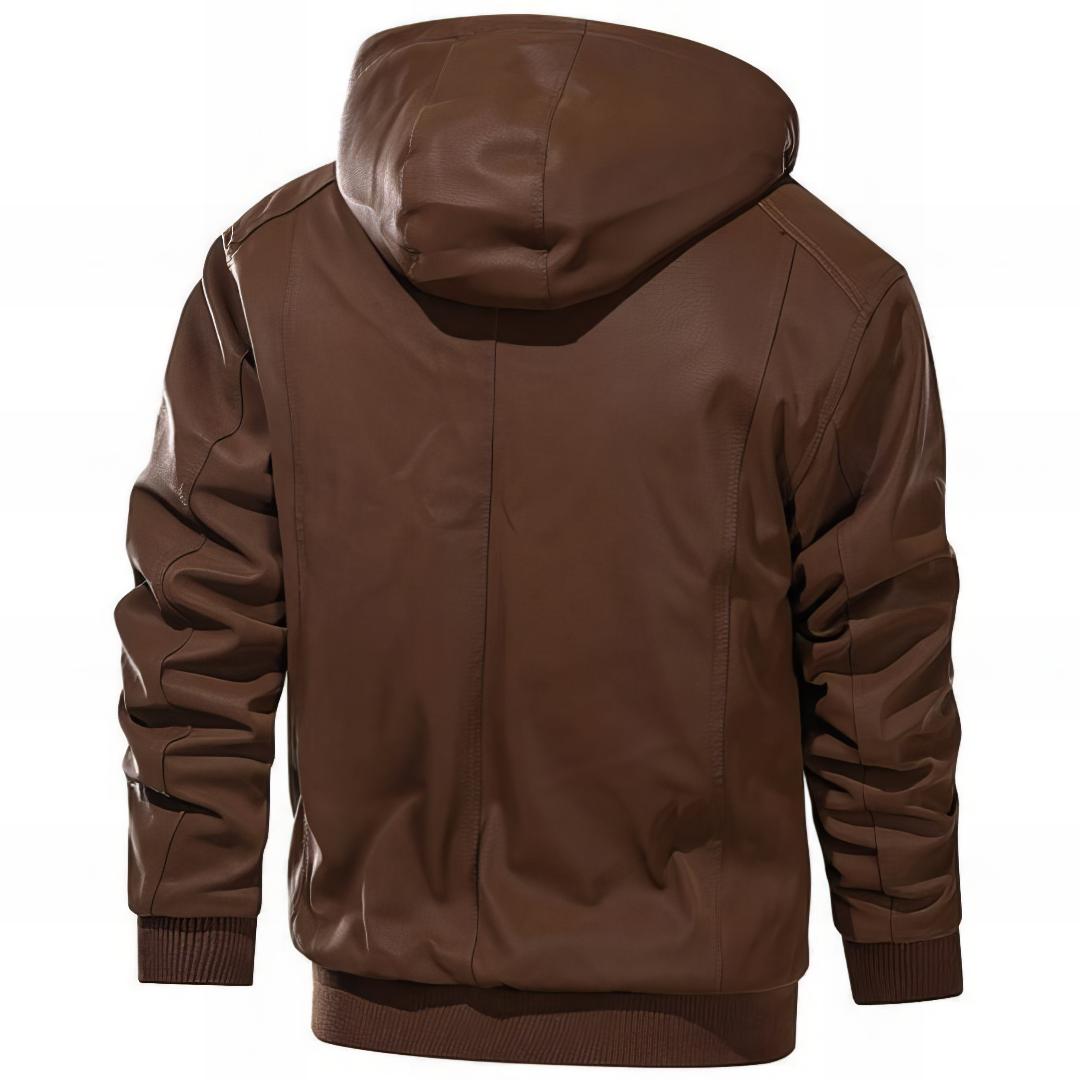 Effortless Leather Bomber Jacket for Women with Hooded Long Sleeve Cargo Pocket Casual Style