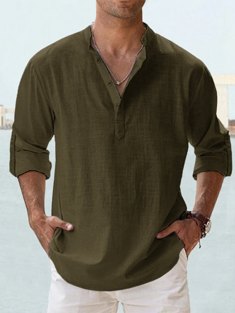 Effortless Linen Shirt for Women with Band Collar Long Sleeve Relaxed Button Placket Casual Style