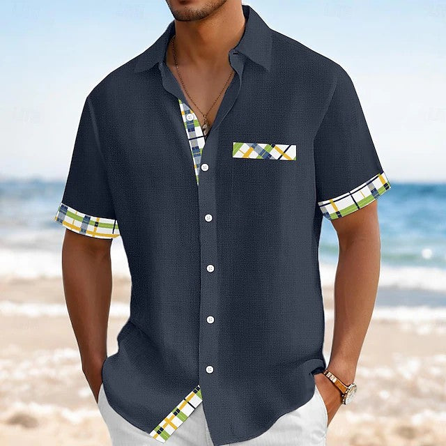 Effortless Plaid Trim Linen Shirt for Women with Collar Short Sleeve Button Front Relaxed Casual Style