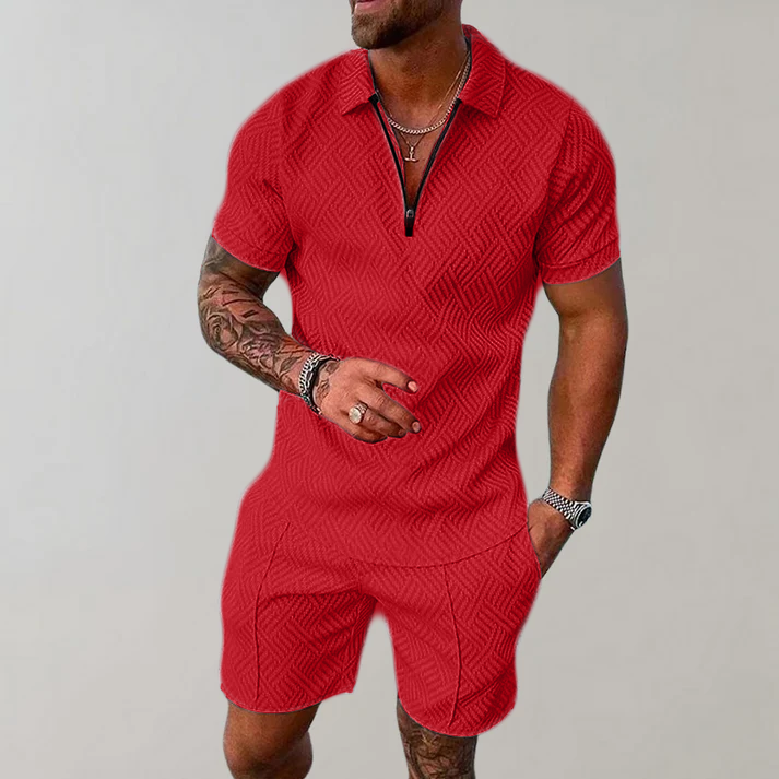 Comfortable Textured Knit Two Piece Set for Women with Zip Polo Collar Short Sleeve Relaxed Casual Style