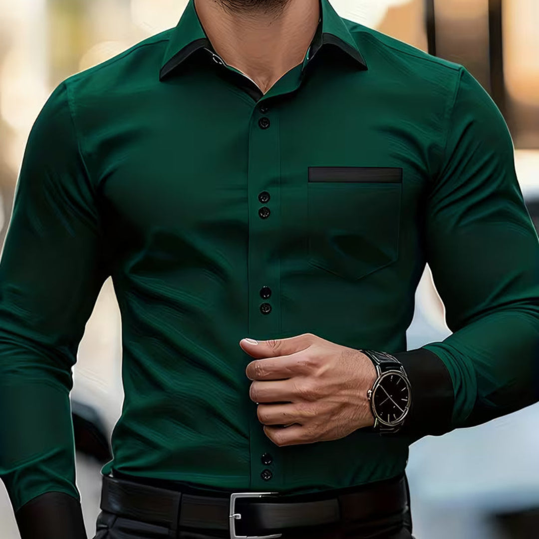 Elegant Satin Blouse for Women with Collar Long Sleeve Contrast Trim Silky Style