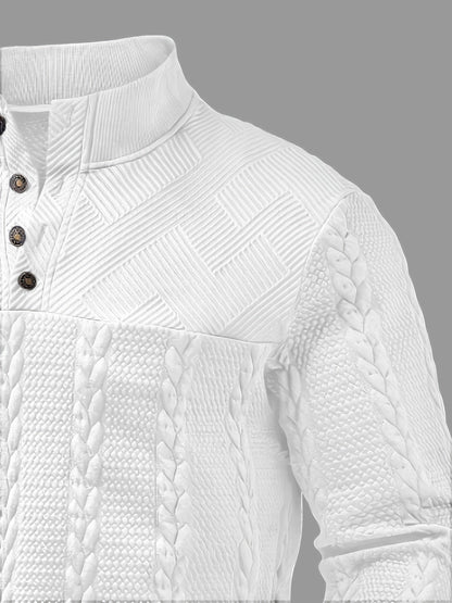 Comfortable Black Cable Knit Sweater for Women with Mock Neck Long Sleeve Button Placket Relaxed Style