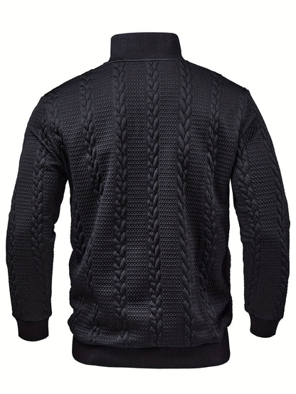 Comfortable Black Cable Knit Sweater for Women with Mock Neck Long Sleeve Button Placket Relaxed Style