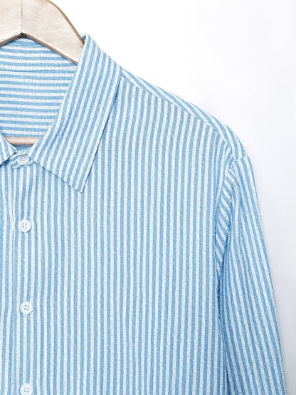 Effortless Blue Striped Seersucker Blouse for Women with Collar Long Sleeve Button Front Relaxed Style
