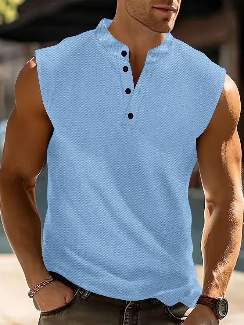 Effortless Textured Knit Tank Top for Women with Stand Collar Button Front Sleeveless Relaxed Casual Style
