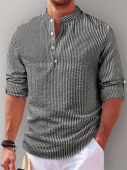 Effortless Striped Seersucker Shirt for Women with Band Collar Long Sleeve Henley Placket Relaxed Style