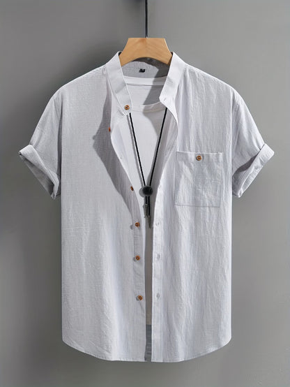 Effortless Linen Shirt for Women with Stand Collar Short Sleeve Button Front Casual Style