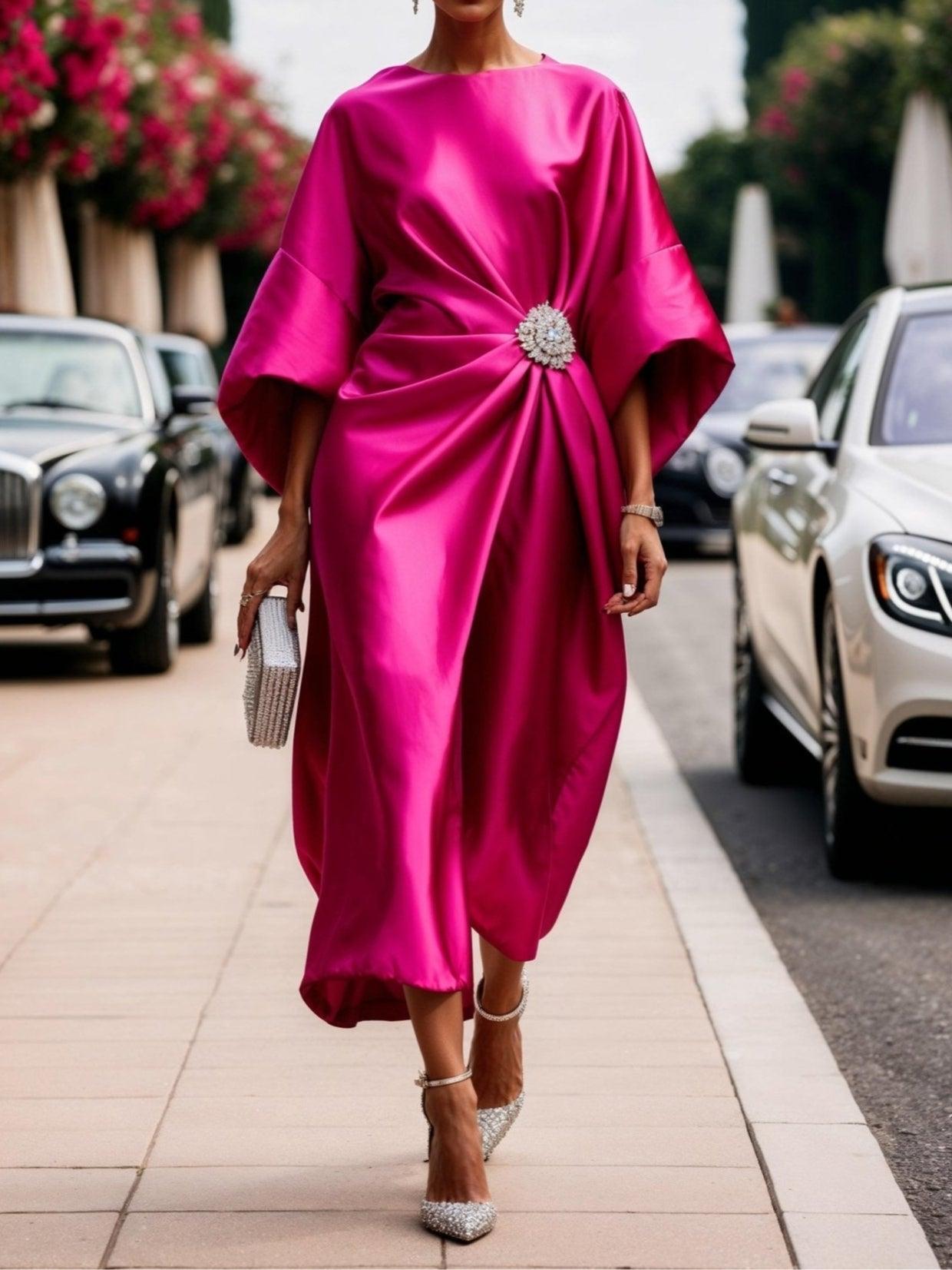 Elegant Satin Kaftan Midi Dress for Women with Round Neck Bell Sleeve Draped Brooch Flowing Style