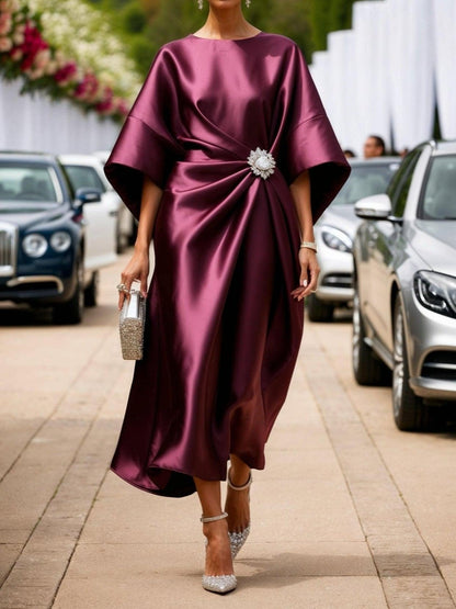 Elegant Satin Kaftan Midi Dress for Women with Round Neck Bell Sleeve Draped Brooch Flowing Style