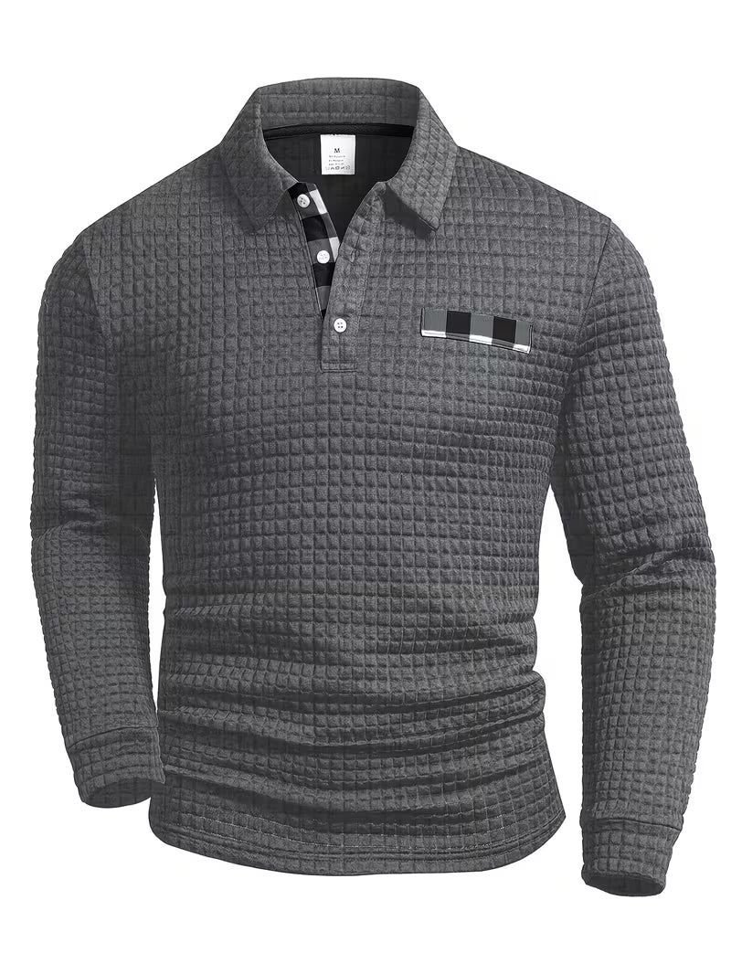 Comfortable Waffle Knit Polo Shirt for Women with Collar Long Sleeve Plaid Trim Button Front Casual Style