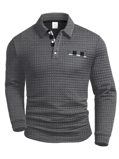 Comfortable Waffle Knit Polo Shirt for Women with Collar Long Sleeve Plaid Trim Button Front Casual Style
