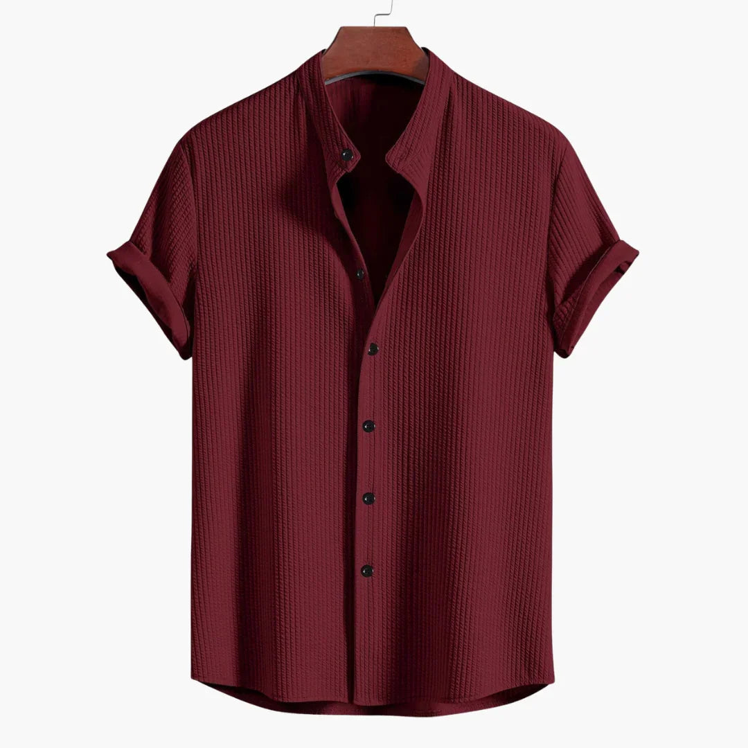 Effortless Textured Button Up Shirt for Women with Banded Collar Short Sleeve Relaxed Casual Style