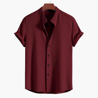 Effortless Textured Button Up Shirt for Women with Banded Collar Short Sleeve Relaxed Casual Style