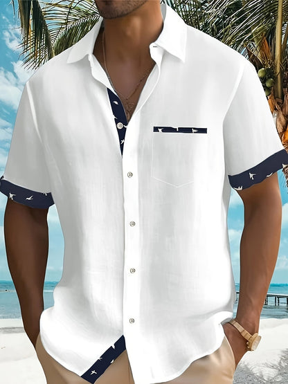 Effortless Contrast Trim Linen Shirt for Women with Collar Short Sleeve Button Front Relaxed Casual Style
