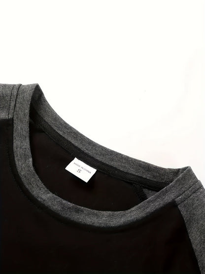Comfortable Black Colorblock Shirt for Women with Crew Neck Raglan Sleeve Relaxed Casual Style