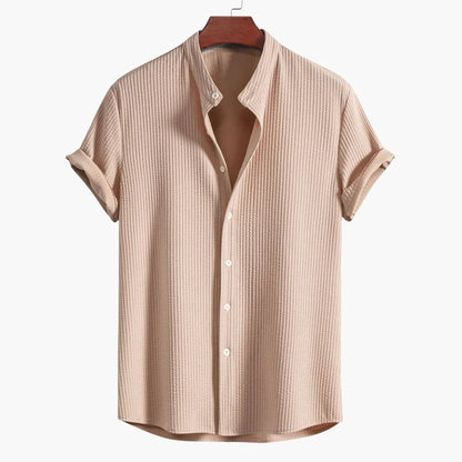 Effortless Textured Button Up Shirt for Women with Banded Collar Short Sleeve Relaxed Casual Style