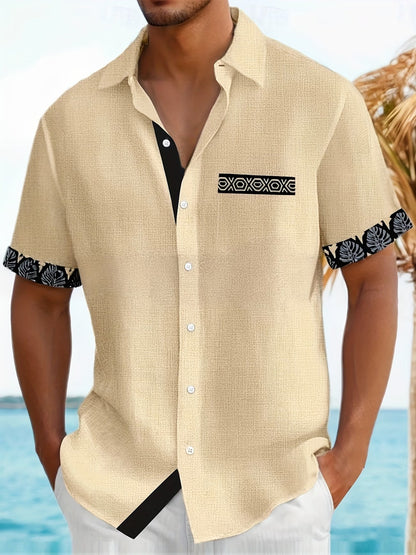 Effortless Linen Tropical Print Shirt for Women with Collar Short Sleeve Color Block Button Front Casual Style
