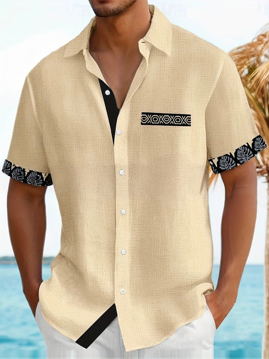 Effortless Linen Tropical Print Shirt for Women with Collar Short Sleeve Color Block Button Front Casual Style