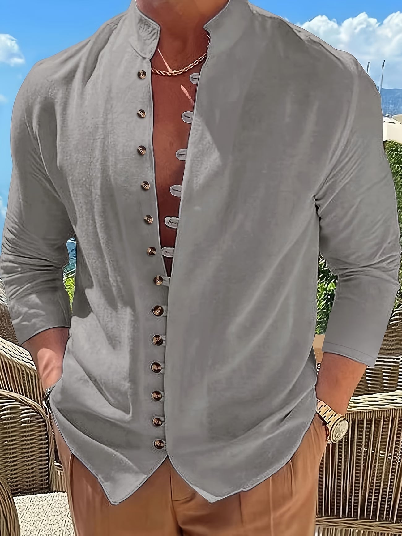 Effortless Linen Button Front Shirt for Women with Stand Collar Long Sleeve Curved Hem Relaxed Casual Style