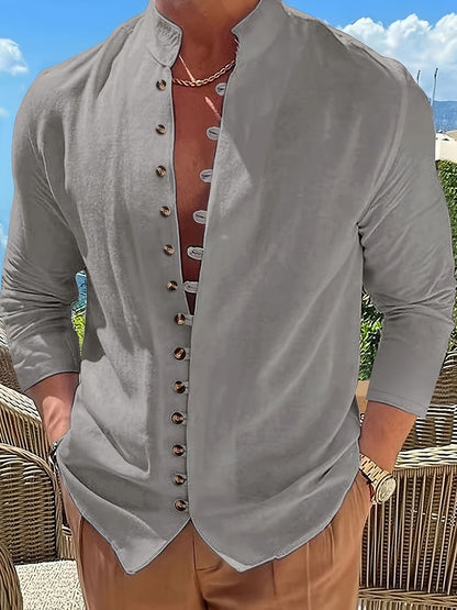 Effortless Linen Button Front Shirt for Women with Stand Collar Long Sleeve Curved Hem Relaxed Casual Style
