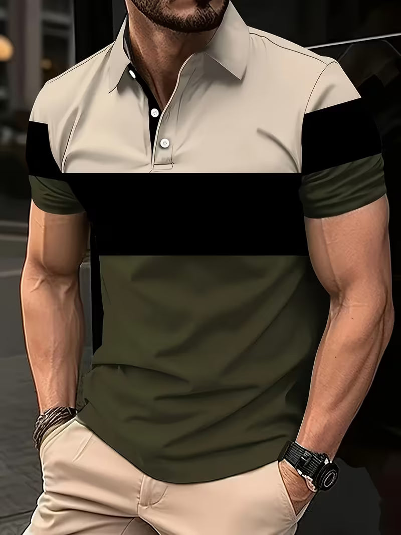 Effortless Colorblock Polo Shirt for Women with Collar Short Sleeve Button Placket Casual Style